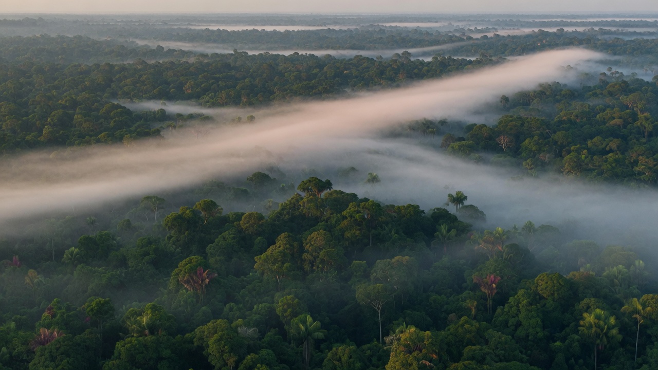 Aerial view of rainforest canopy beneath layered mist and atmospheric cloud