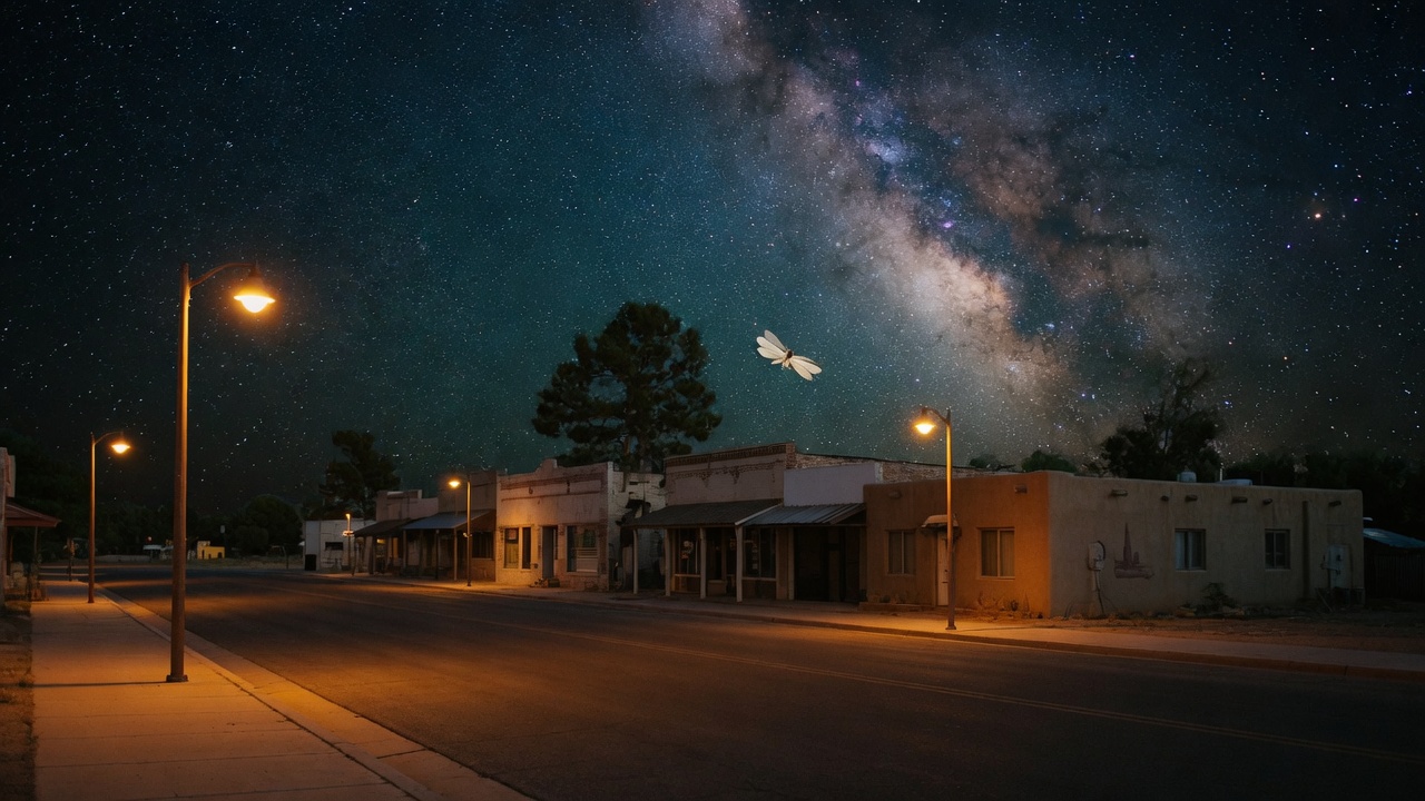 Fully shielded amber streetlamps on a quiet town street under a visible Milky Way