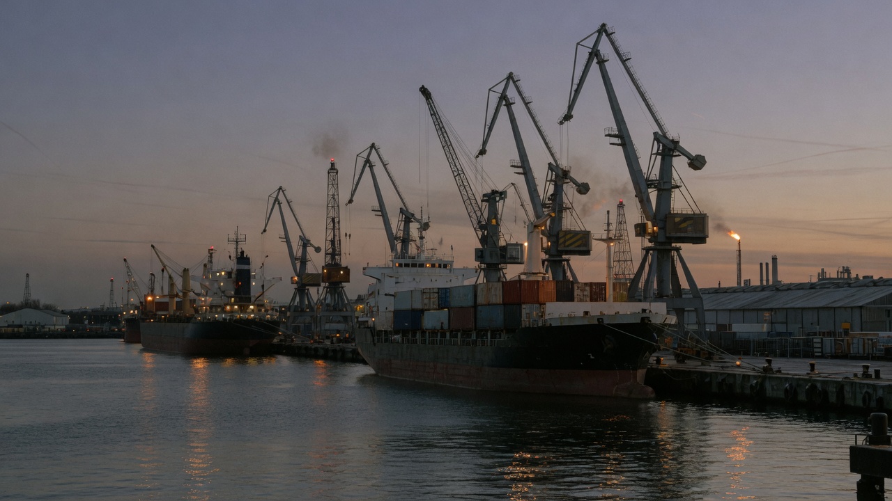 Industrial harbor at dusk with ships and cranes