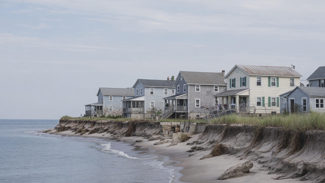 Coastal houses standing close to an eroding sandy shoreline under overcast sky