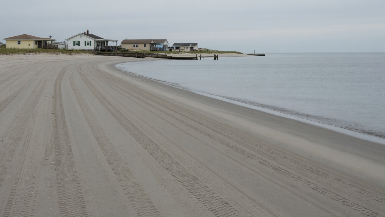 A wide, evenly graded sandy beach along a grey Chesapeake Bay shoreline