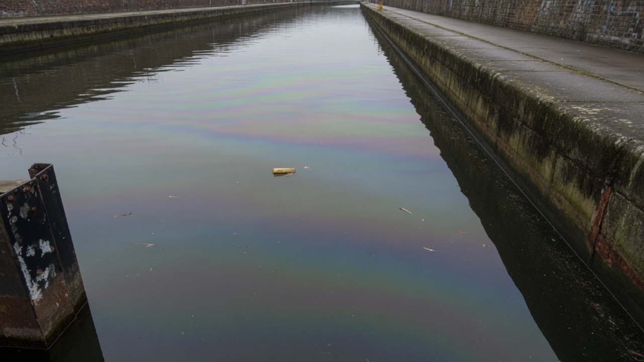 Still industrial water with a faint surface sheen