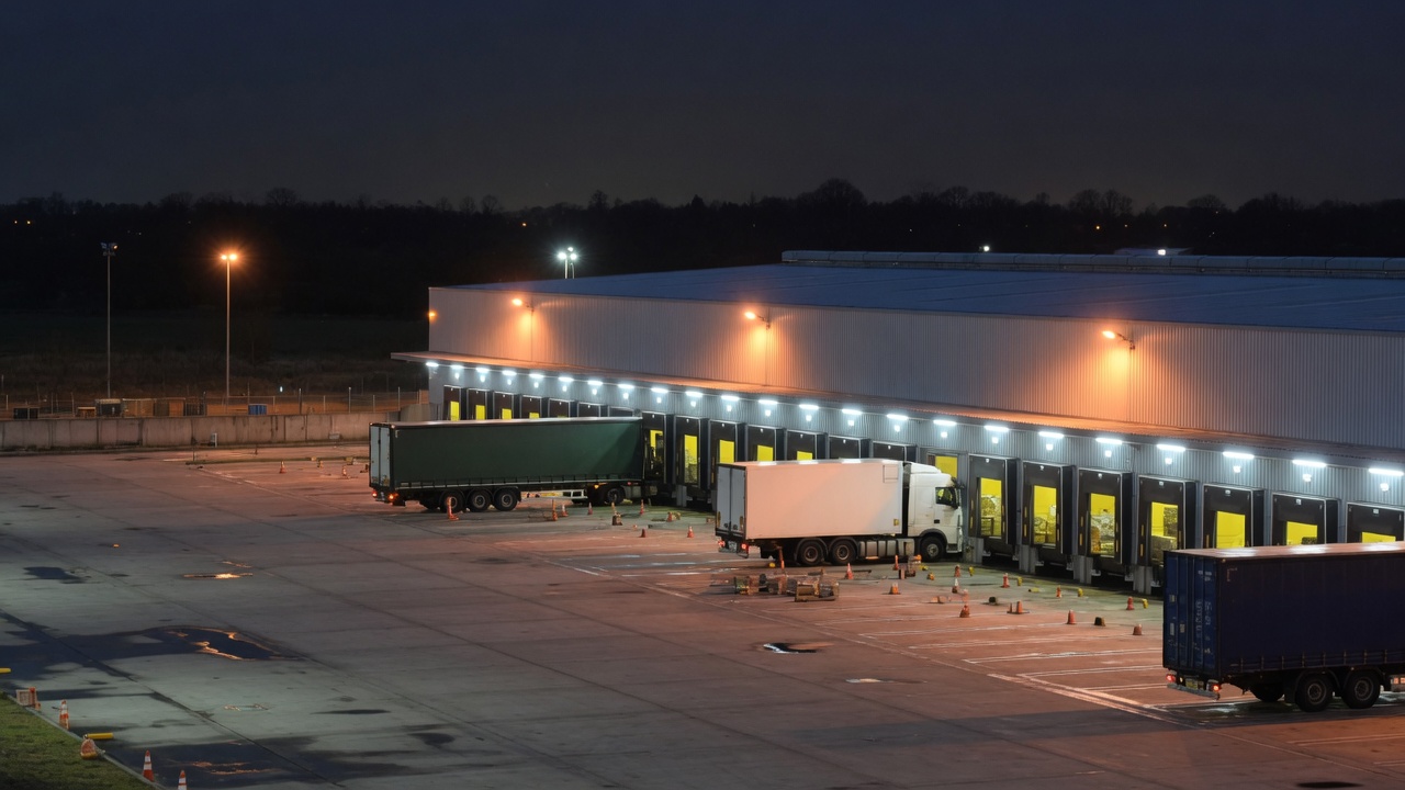 A large warehouse glowing at night with loading bays in the dark landscape